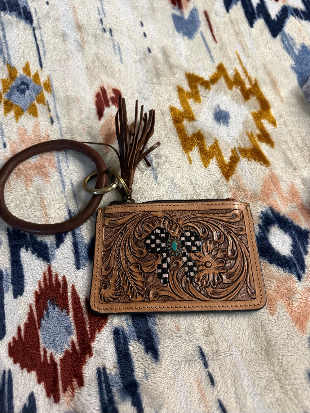 Tooled Leather Wristlet Card Holder - Tan with Checker Cross Accent
